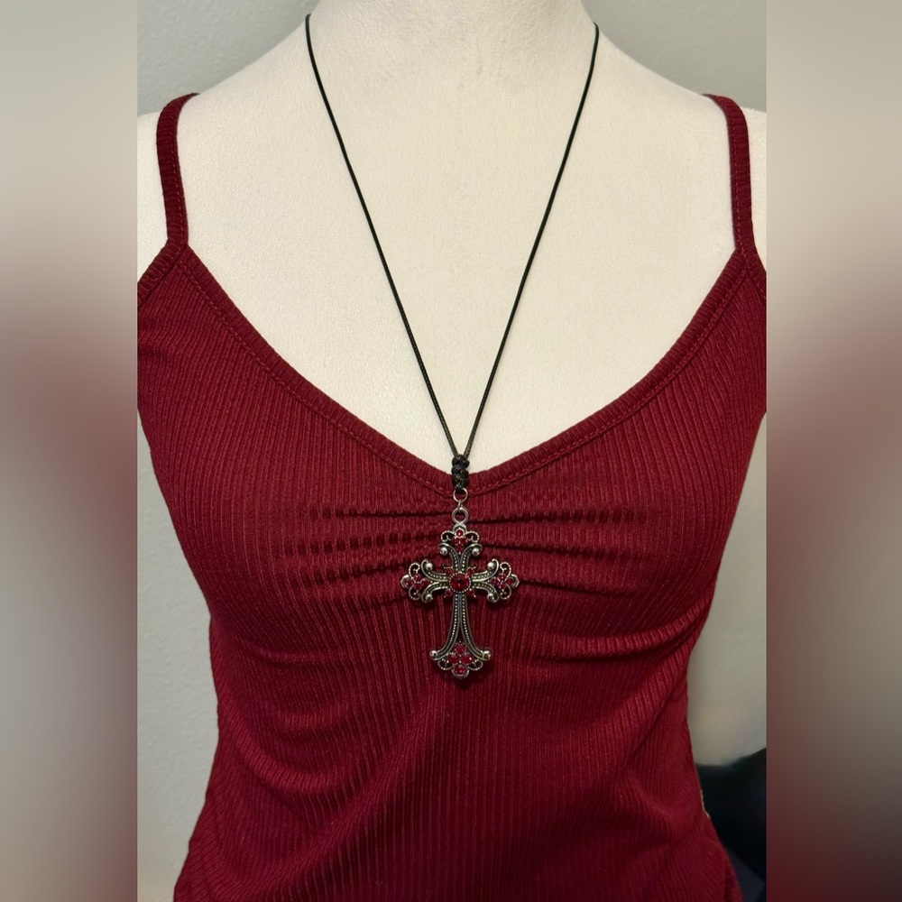 Gothic Cross Pendant Necklace Adjustable Black String Rope Victorian Style Retro